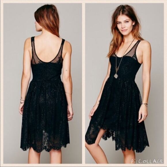 FREE PEOPLE Womens Boho Witchy Black Lace Overlay LBD Mini Dress Size 0 - Picture 3 of 9